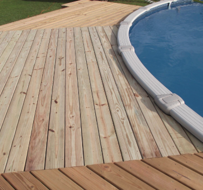 Wood deck around an above-ground pool